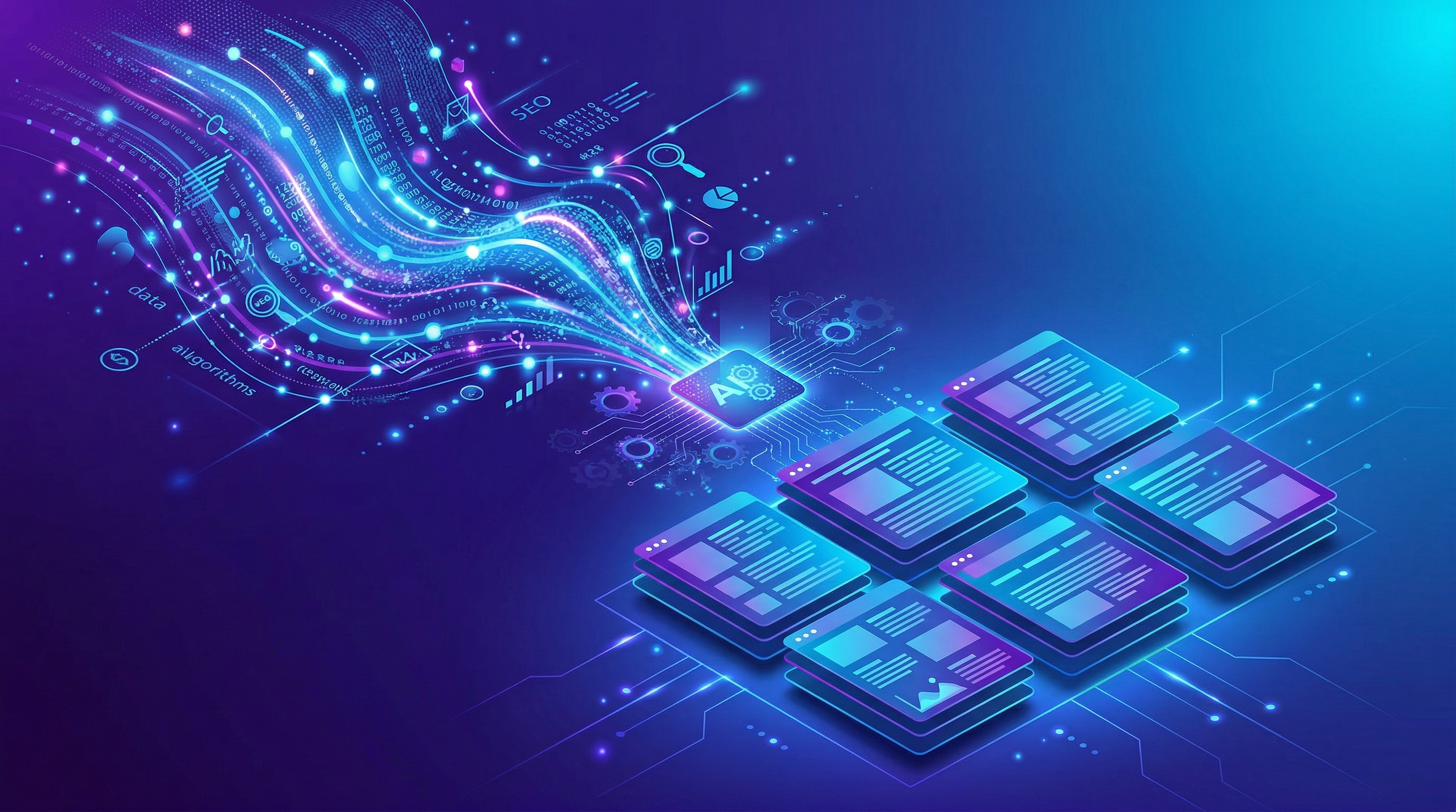 Illustratie van AI content generatie met data stromen