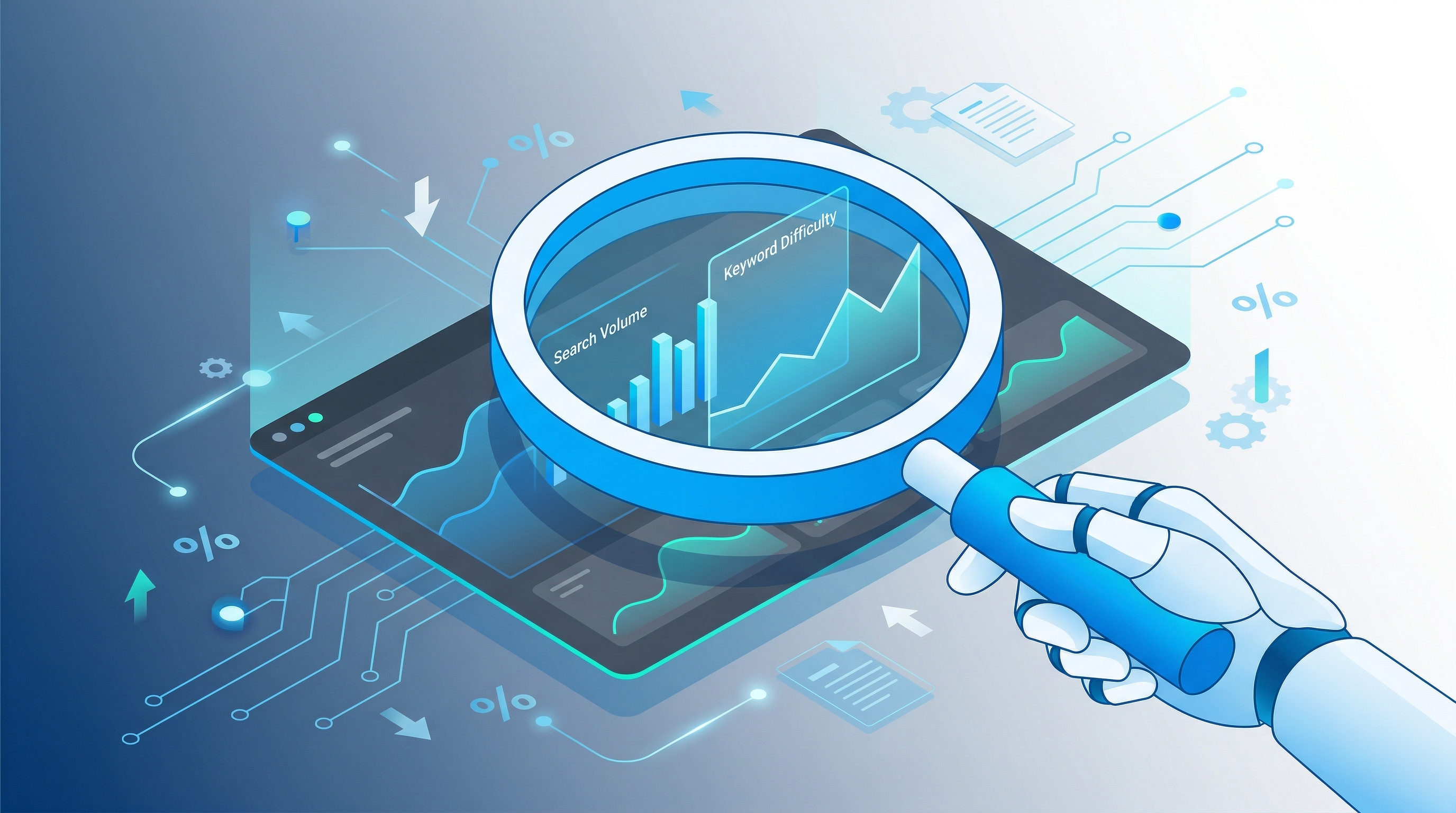 Illustratie van zoekwoordenonderzoek met zoekdata en grafieken